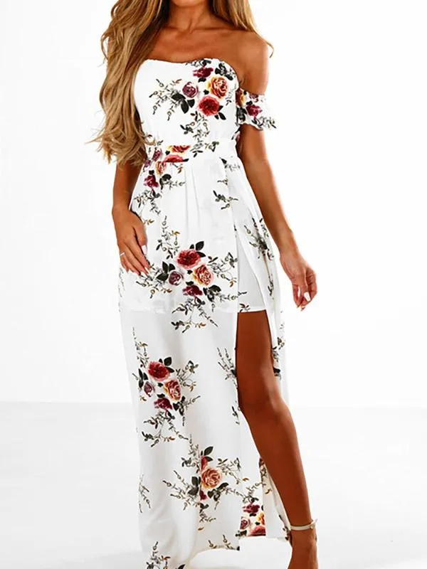 Wholesale Off The Shoulder Floral Print Short Sleeve Backless Slit Hem Dresses