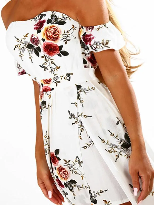 Wholesale Off The Shoulder Floral Print Short Sleeve Backless Slit Hem Dresses