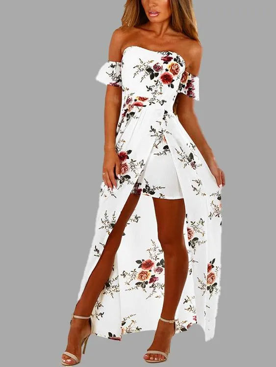 Wholesale Off The Shoulder Floral Print Short Sleeve Backless Slit Hem Dresses