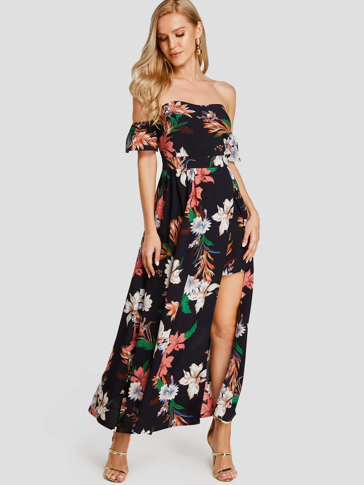 Wholesale Off The Shoulder Floral Print Short Sleeve Backless Slit Hem Dresses