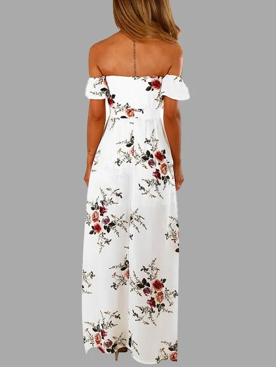 Wholesale Off The Shoulder Floral Print Short Sleeve Backless Slit Hem Dresses