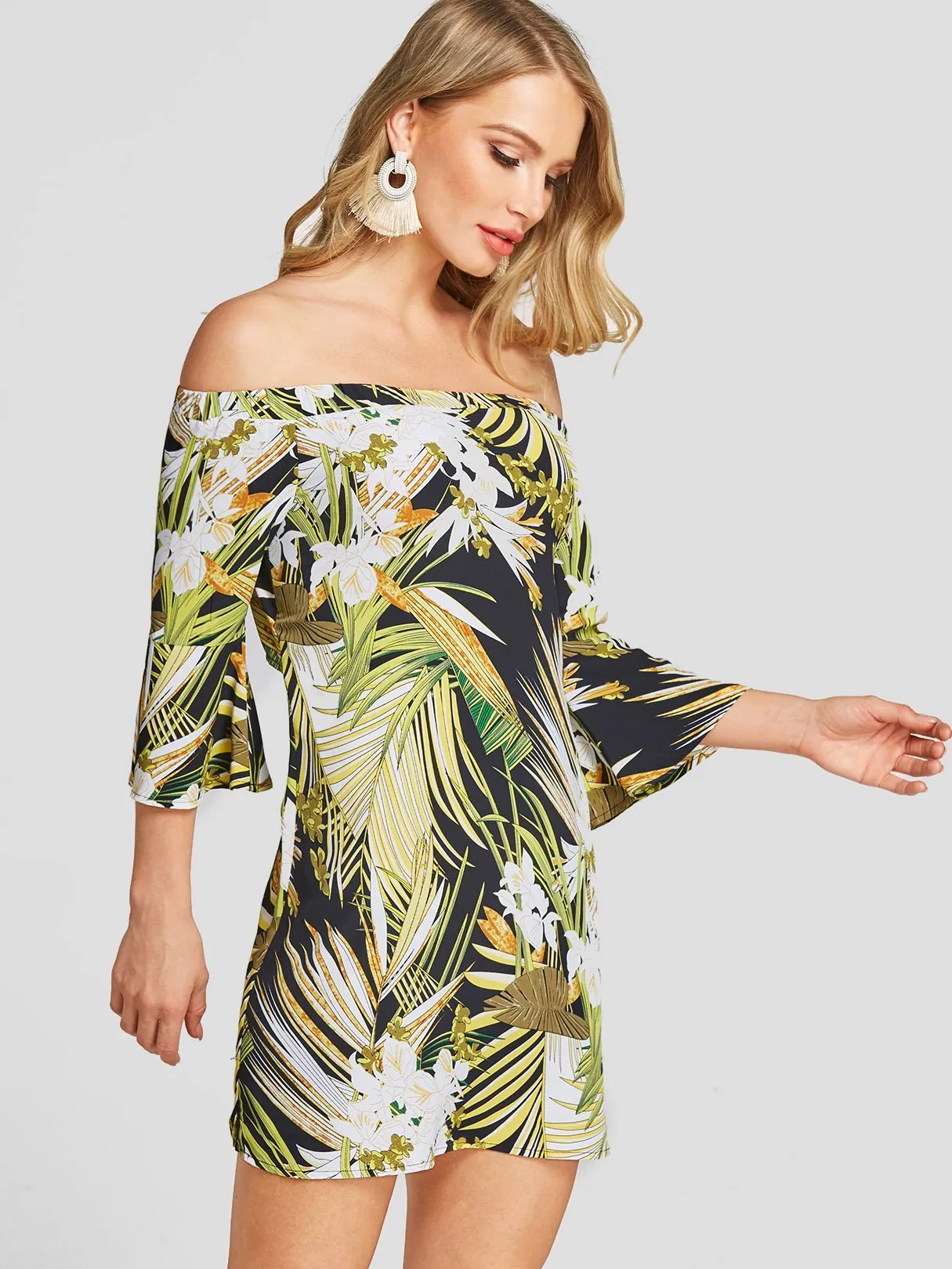 Wholesale Off The Shoulder Long Sleeve Floral Print Cut Out Dresses