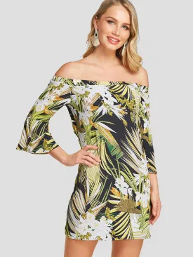 Wholesale Off The Shoulder Long Sleeve Floral Print Cut Out Dresses