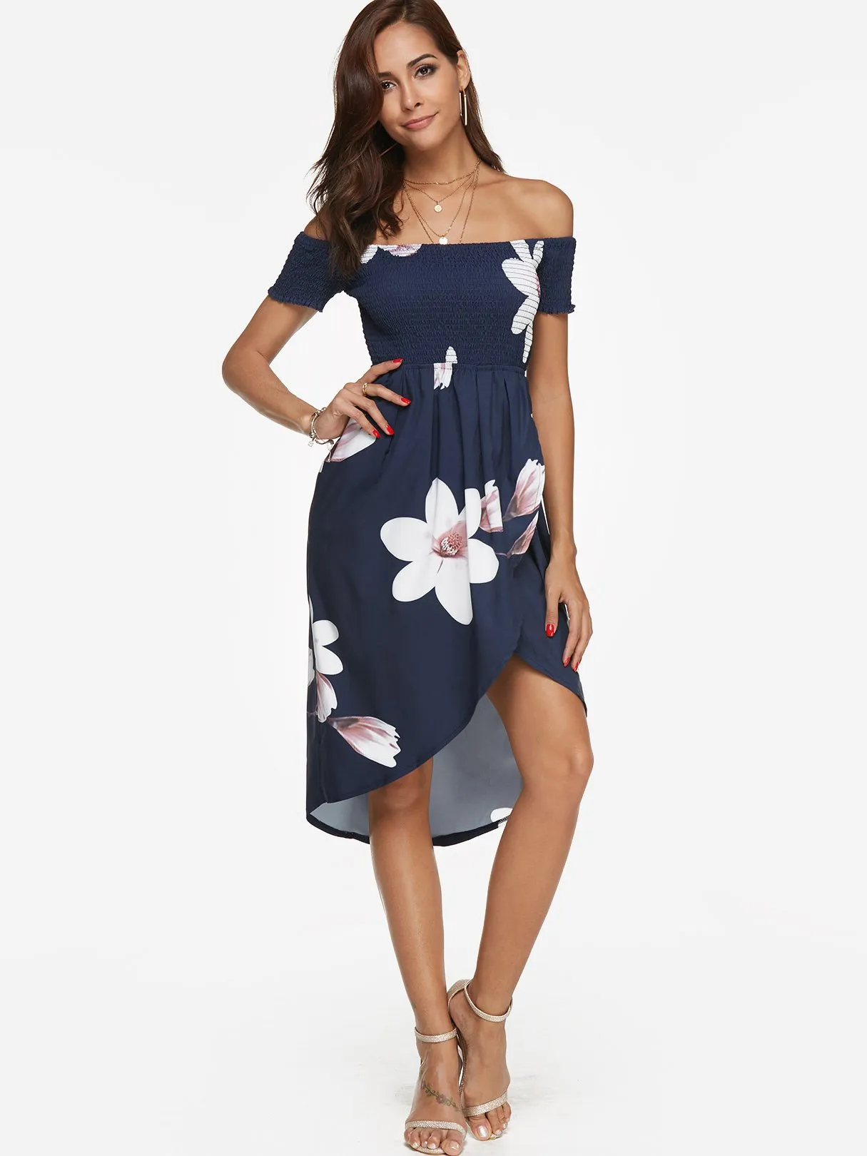 Wholesale Off The Shoulder Short Sleeve Floral Print Backless Slit Hem Dresses