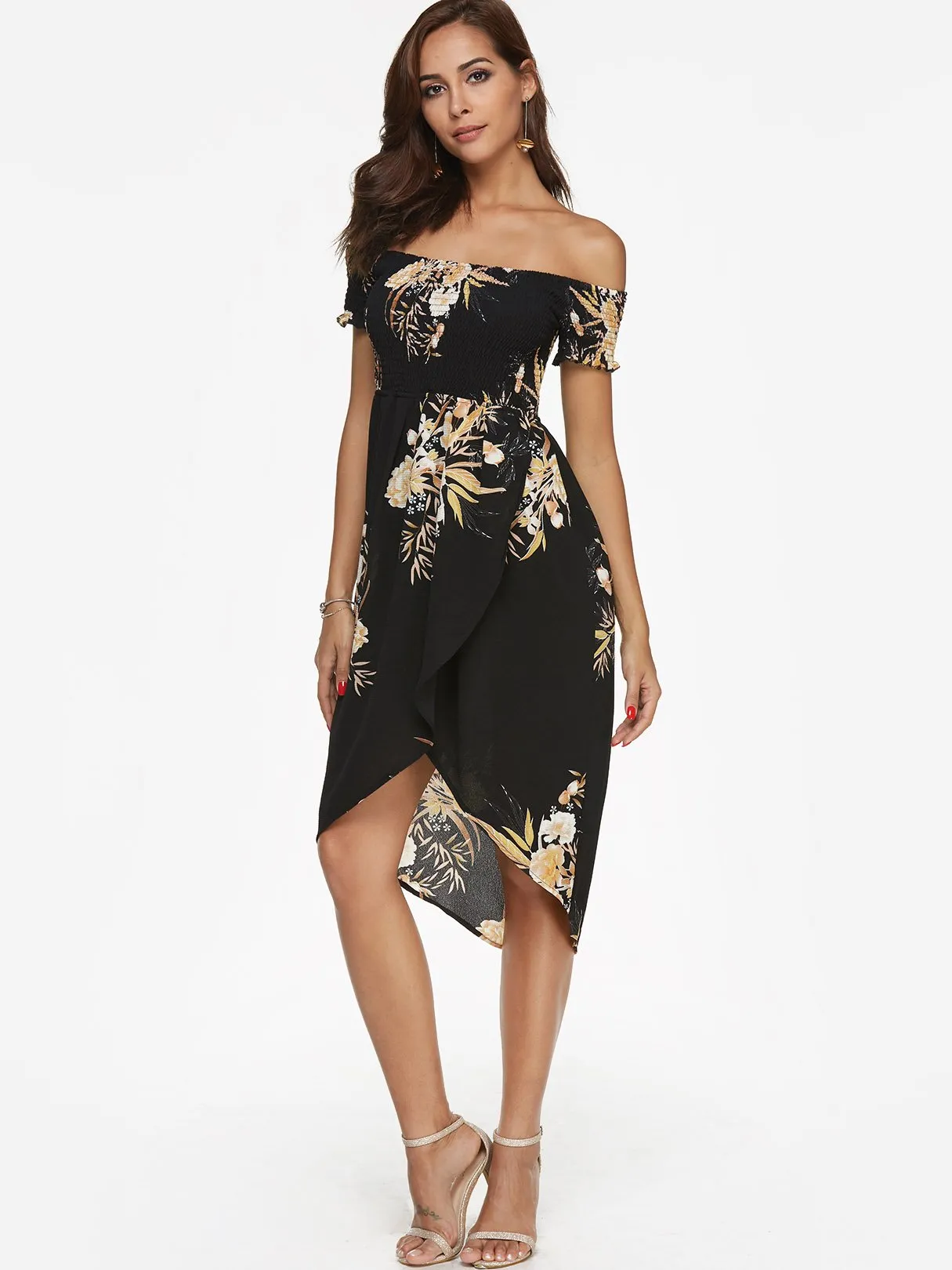 Wholesale Off The Shoulder Short Sleeve Floral Print Backless Slit Hem Dresses