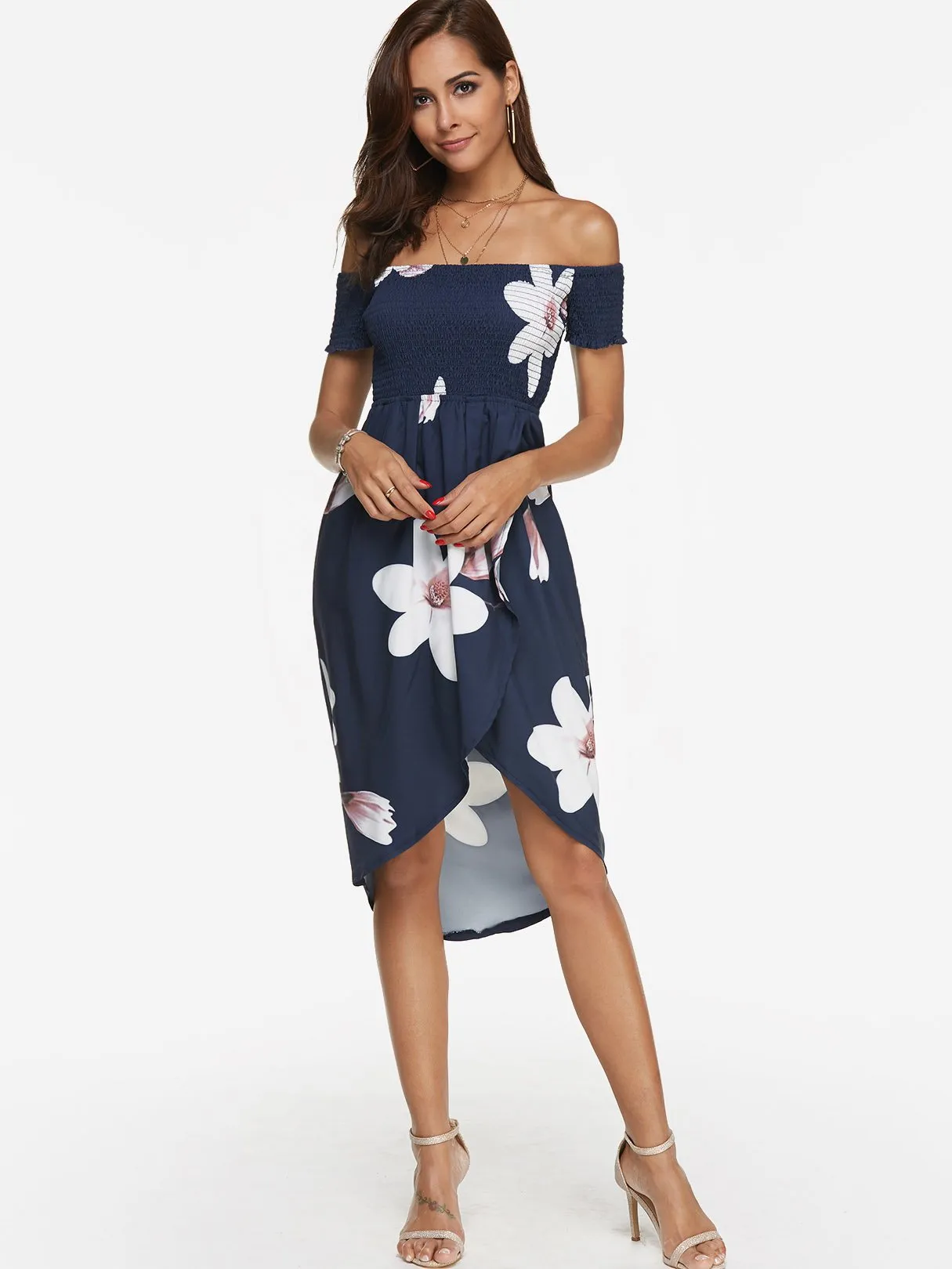 Wholesale Off The Shoulder Short Sleeve Floral Print Backless Slit Hem Dresses