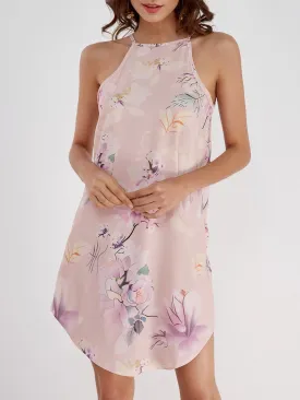 Wholesale Pink Crew Neck Cold Shoulder Sleeveless Floral Print Curved Hem Dress