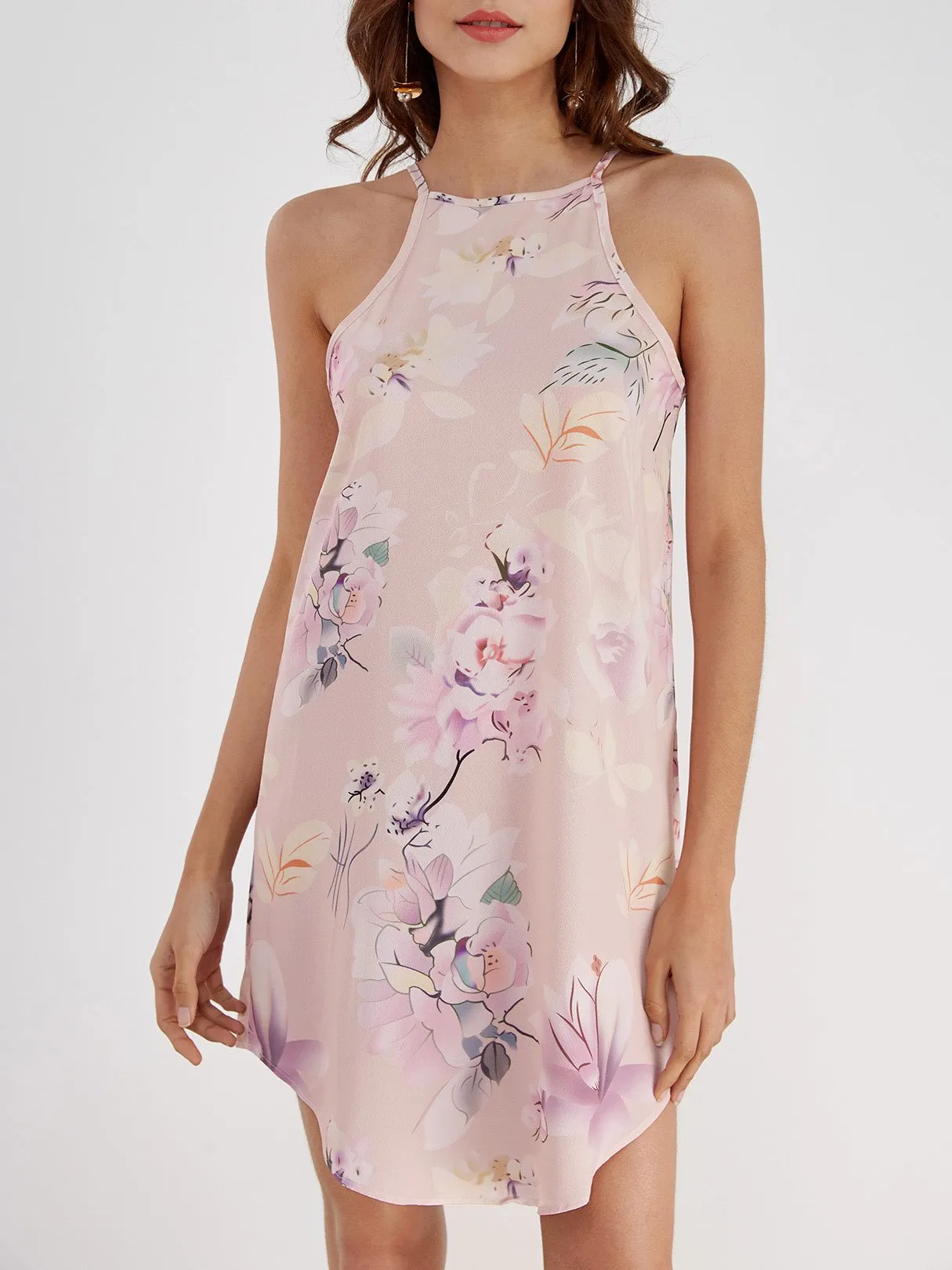 Wholesale Pink Crew Neck Cold Shoulder Sleeveless Floral Print Curved Hem Dress