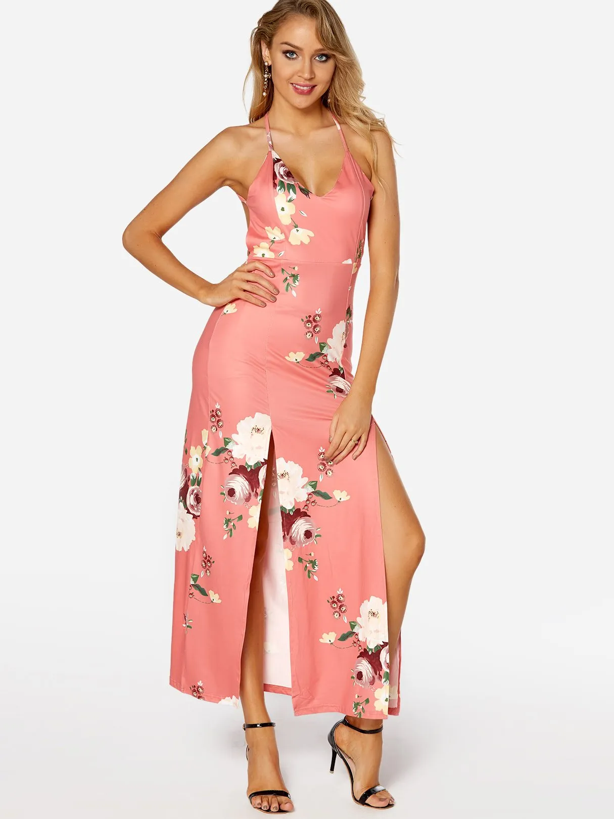 Wholesale Pink Deep V Neck Floral Print Spaghetti Strap Slit Hem Dress