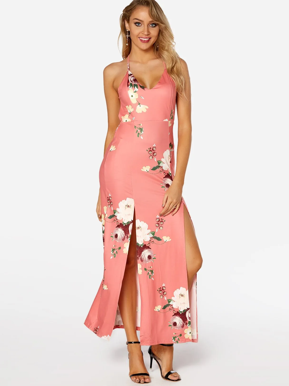 Wholesale Pink Deep V Neck Floral Print Spaghetti Strap Slit Hem Dress