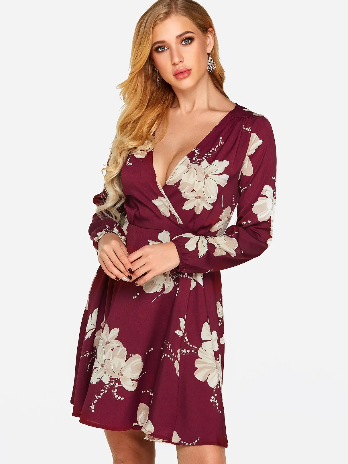 Wholesale Red Crossed Collar Deep V Neck Long Sleeve Floral Print Dresses