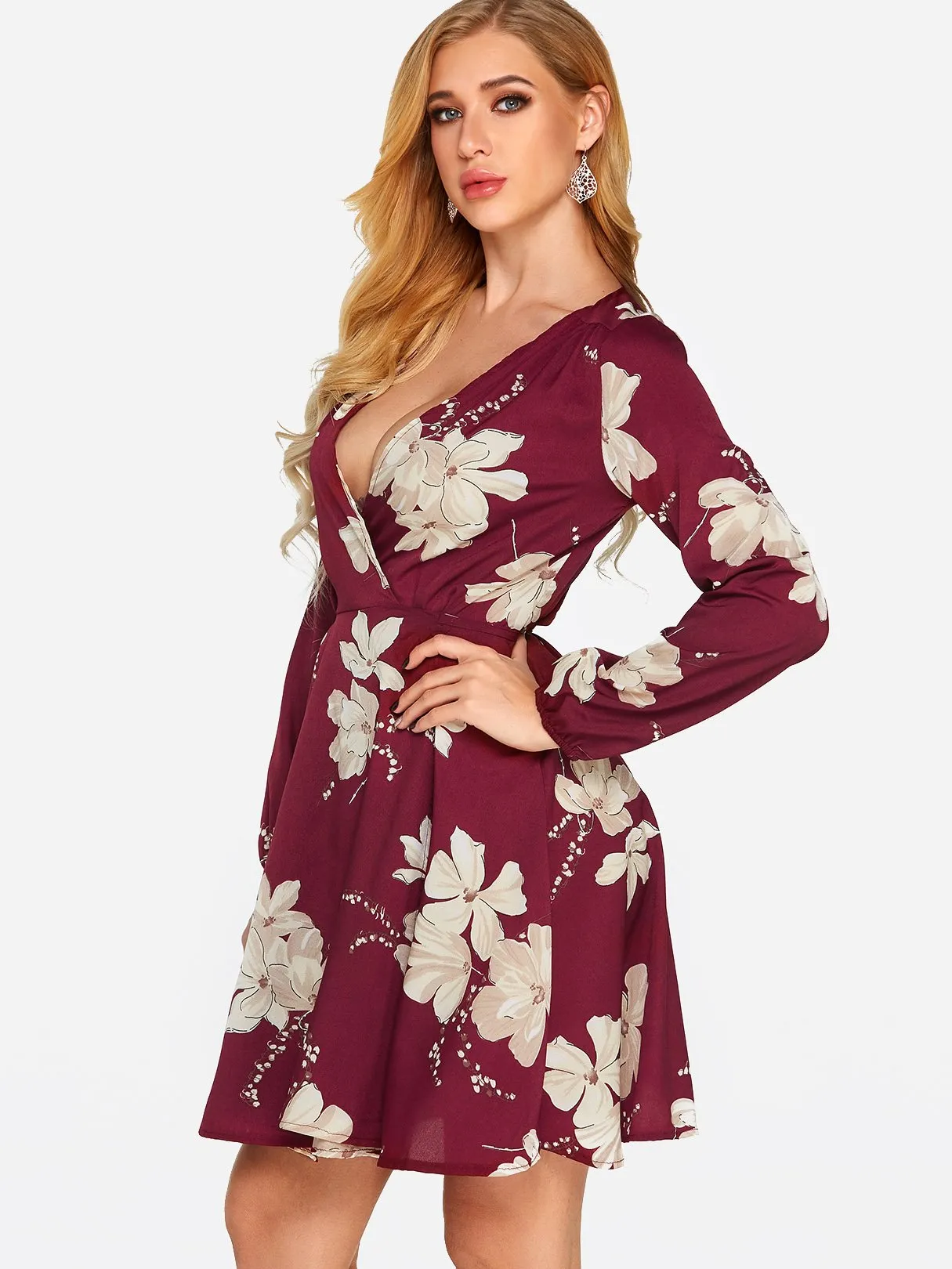 Wholesale Red Crossed Collar Deep V Neck Long Sleeve Floral Print Dresses