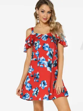 Wholesale Red V-Neck Cold Shoulder Short Sleeve Floral Print Dresses