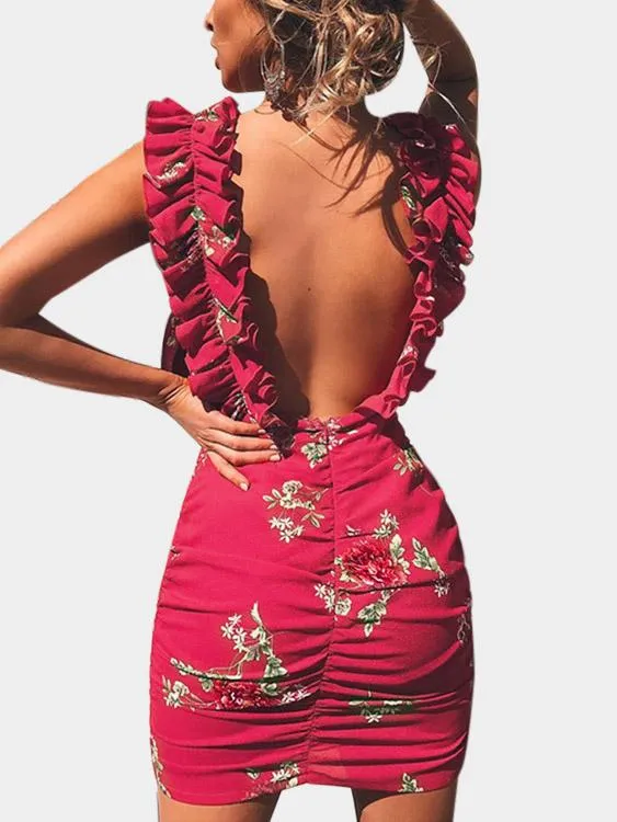 Wholesale Rose Deep V Neck Sleeveless Floral Print Backless Dress