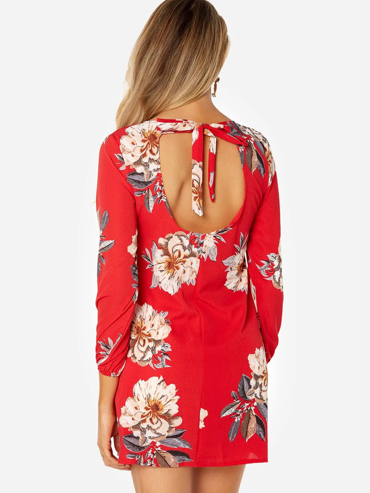 Wholesale Round Neck Long Sleeve Floral Print Backless Lace-Up Dresses