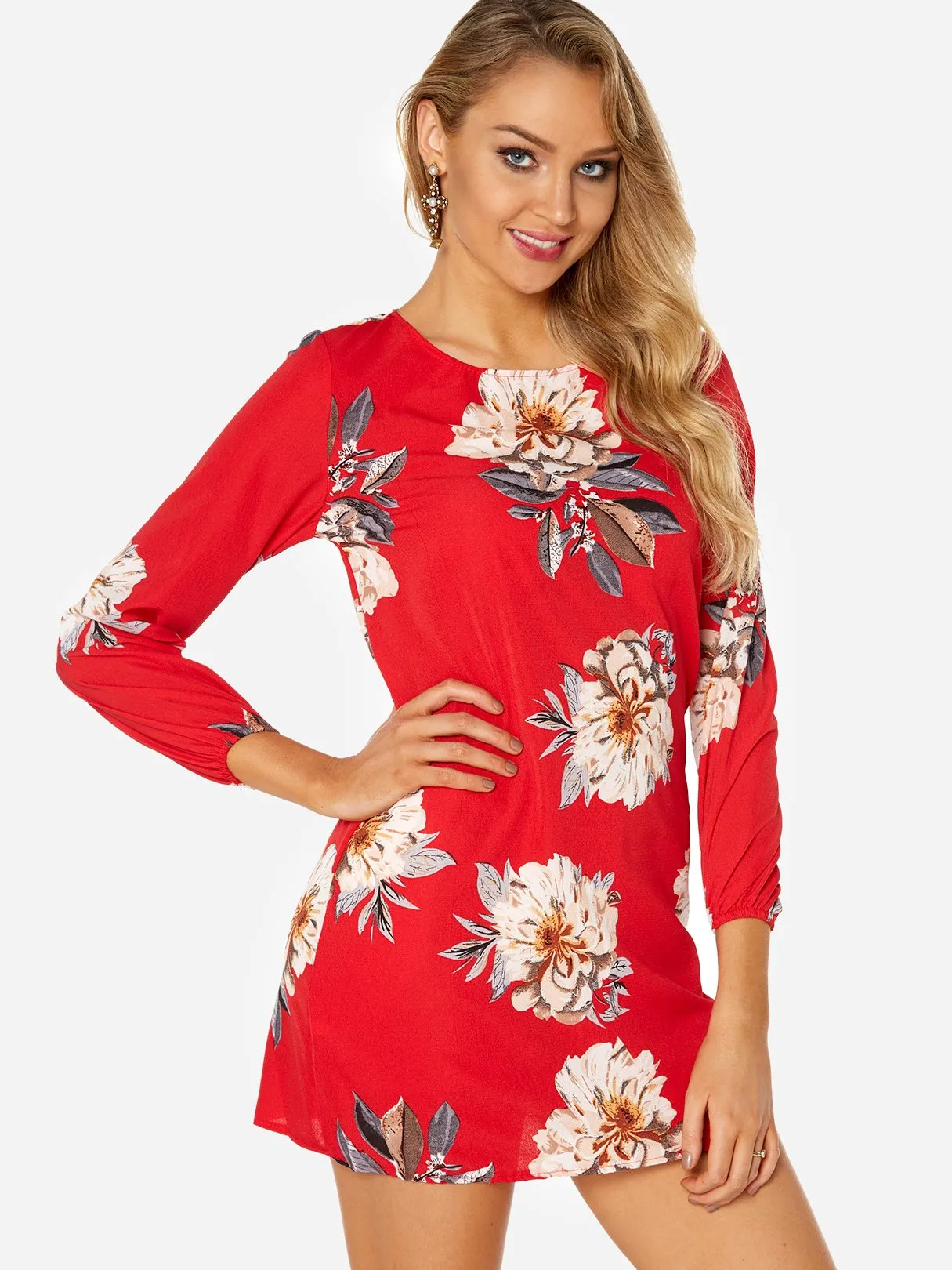 Wholesale Round Neck Long Sleeve Floral Print Backless Lace-Up Dresses