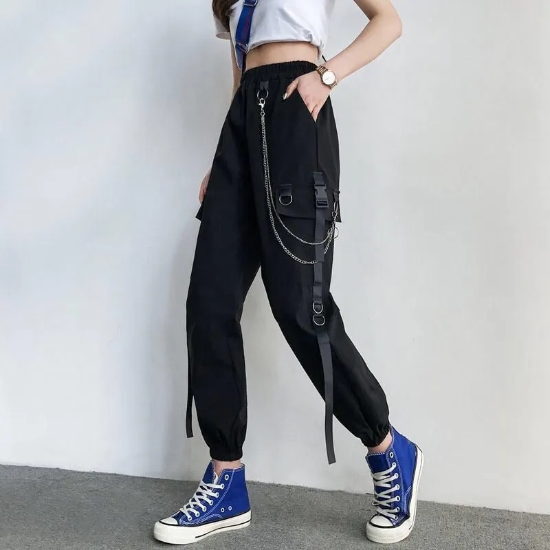 Women Cargo Pants Harem Pants Pockets Jogger Trousers With Chain Pants