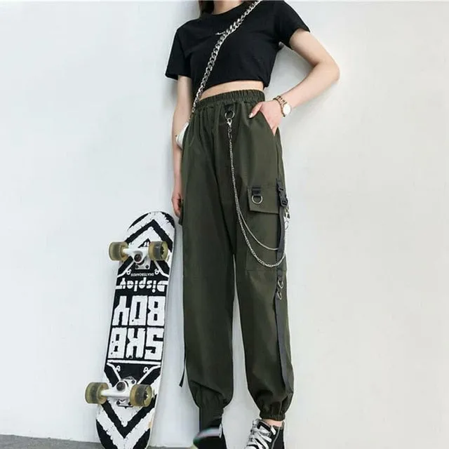 Women Cargo Pants Harem Pants Pockets Jogger Trousers With Chain Pants