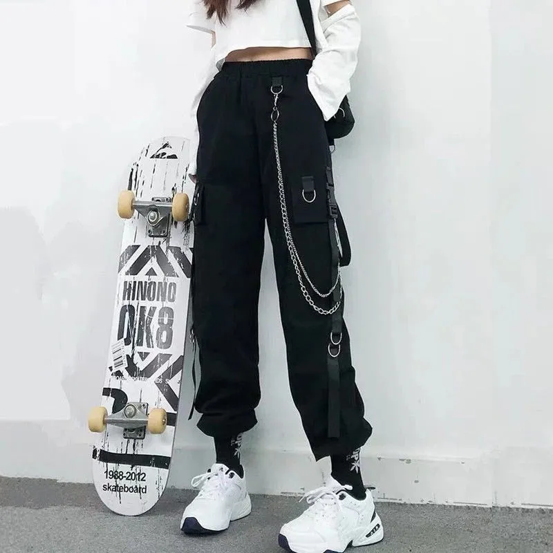 Women Cargo Pants Harem Pants Pockets Jogger Trousers With Chain Pants