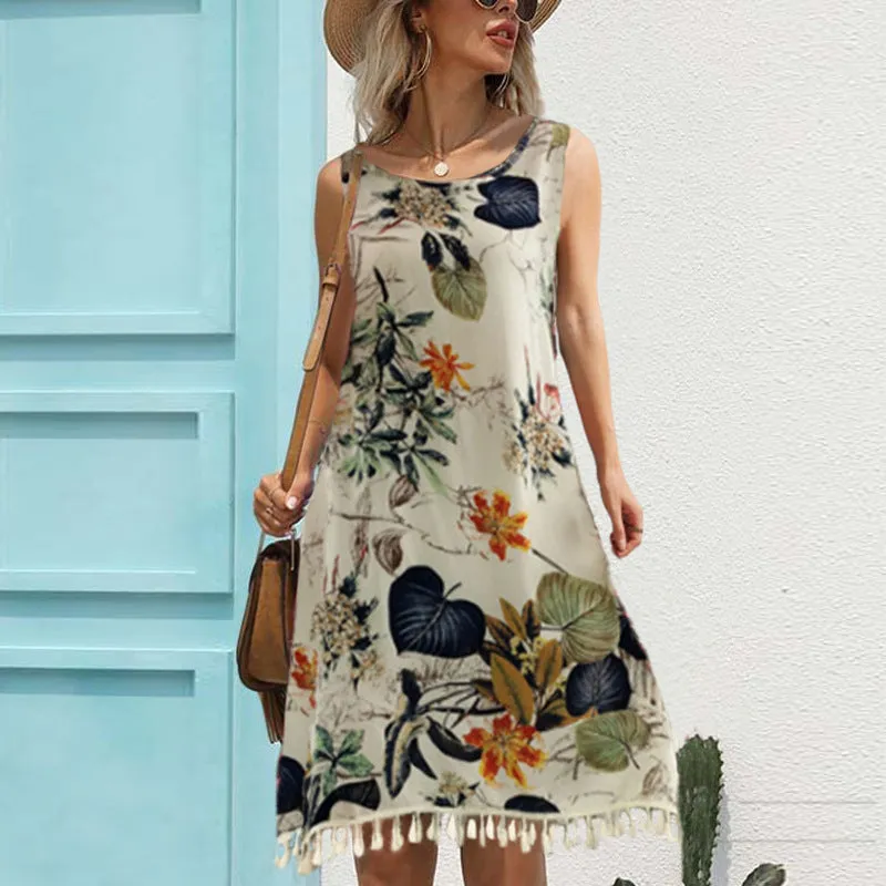 Women's Loose casual dressing styles Tassel Printed Dress