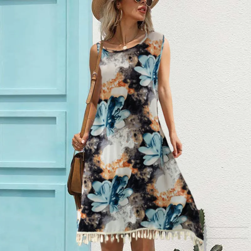 Women's Loose casual dressing styles Tassel Printed Dress