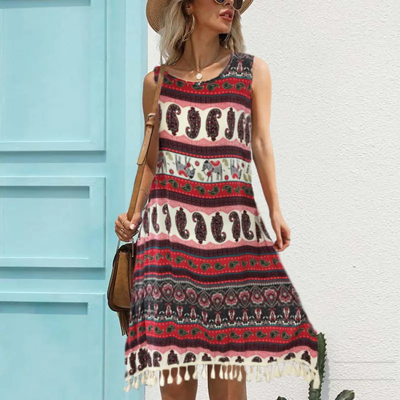 Women's Loose casual dressing styles Tassel Printed Dress