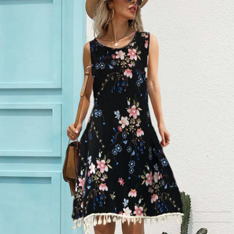 Women's Loose casual dressing styles Tassel Printed Dress