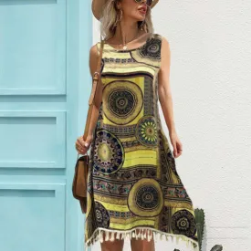 Women's Loose casual dressing styles Tassel Printed Dress