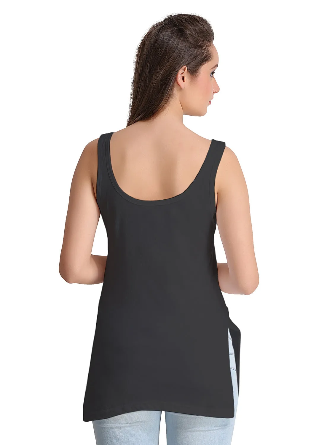 Women's Solid Black Pure Cotton Long Camisole | DC-140-BK-1 |