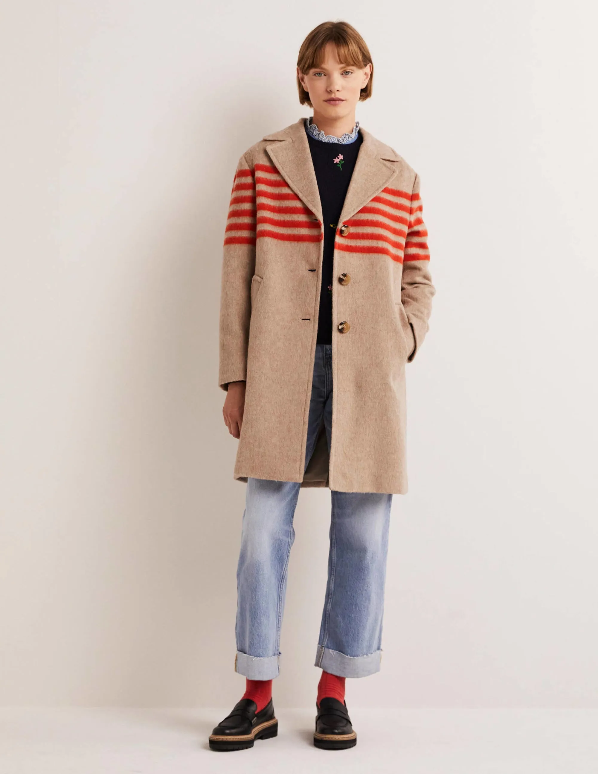 Wool Blend Striped Coat-Camel, Bright Papaya Stripe