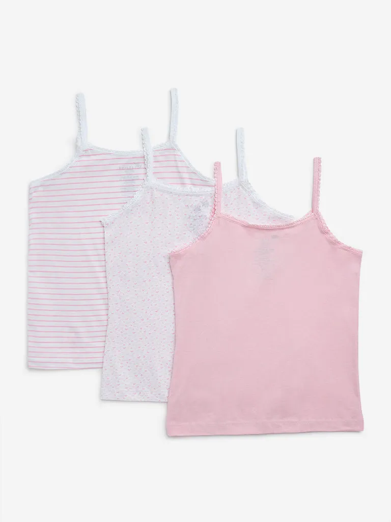 Y&F Kids Pink Heart Printed Cotton Camisoles - Pack of 3