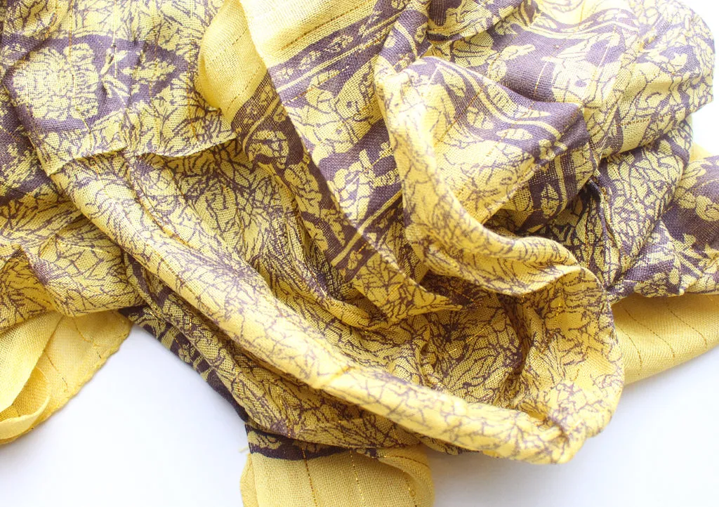 Yellow and Marron Cotton Summer Scarf with Flower Print