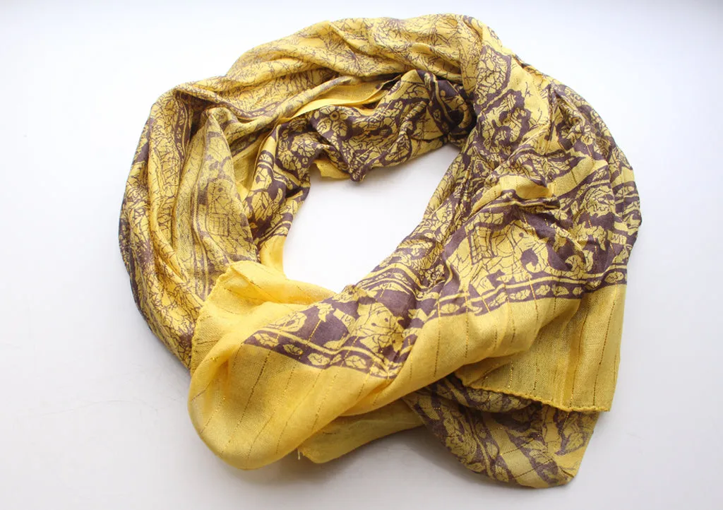 Yellow and Marron Cotton Summer Scarf with Flower Print